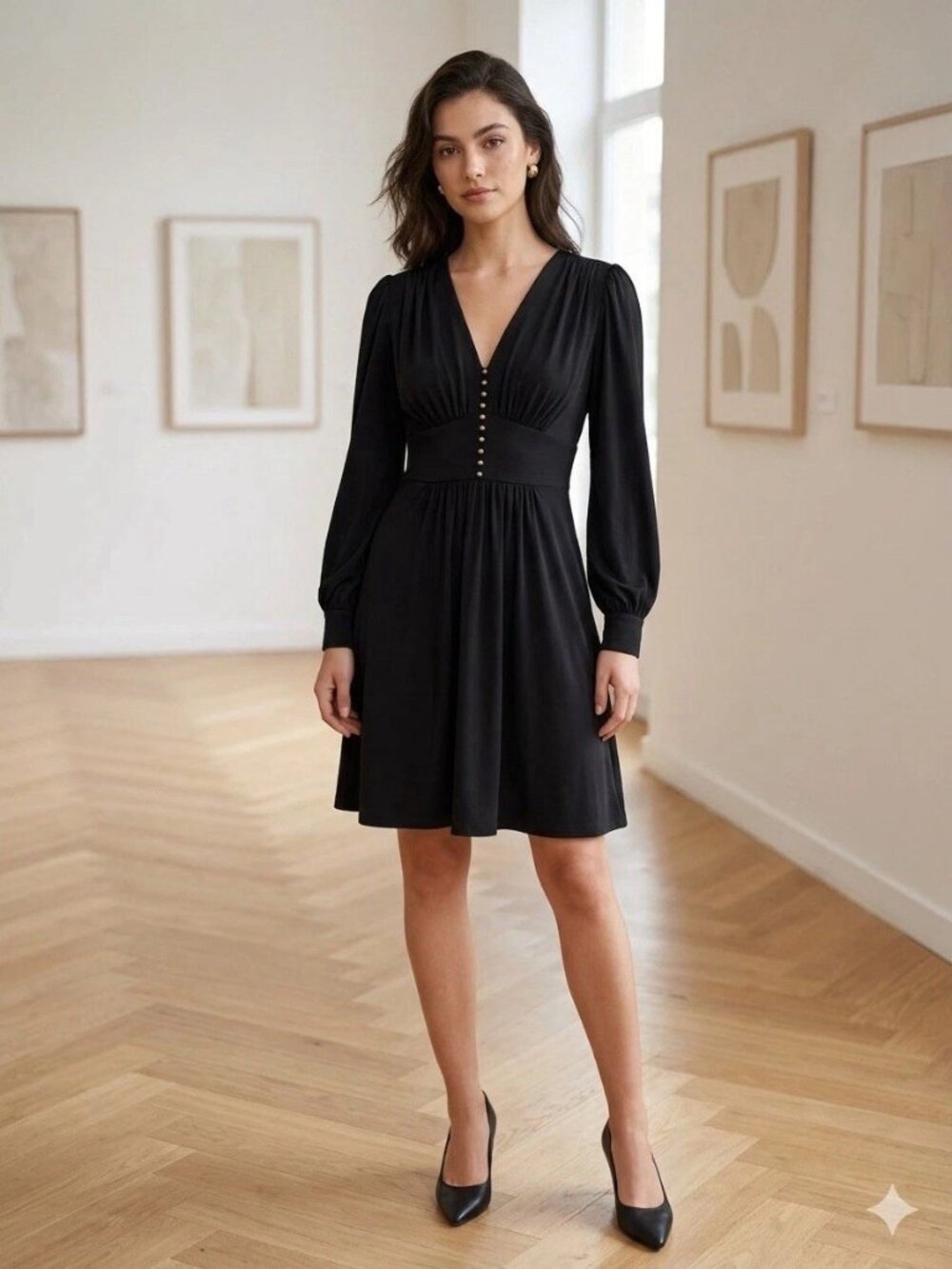 Vicky Tiel Black Mini Dress Small Long Sleeve Empire Waist Faux Button Front
